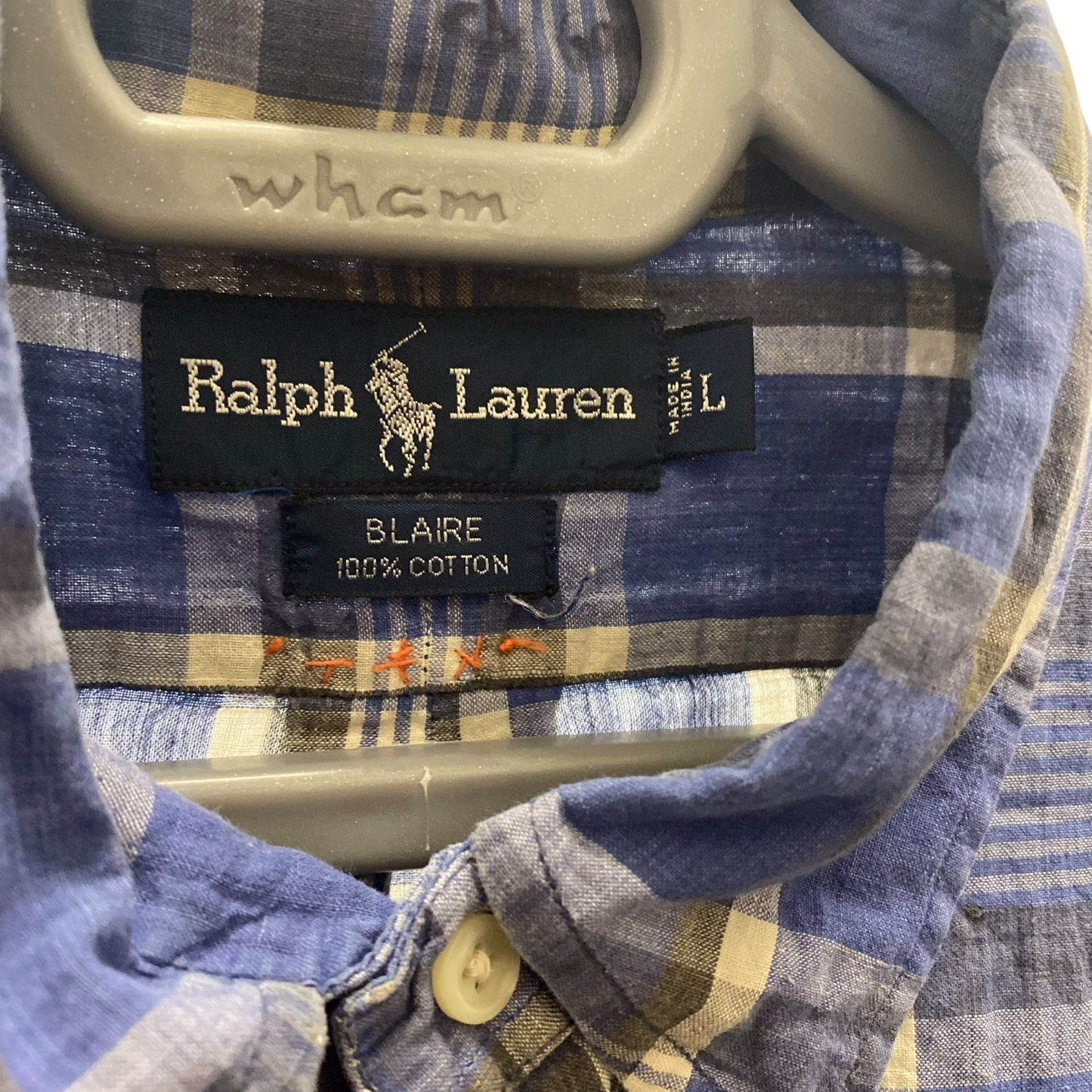 Ralph Lauren Shirt Mens L Blue Plaid Short Sleeve Cotton Small Black Pony Logo