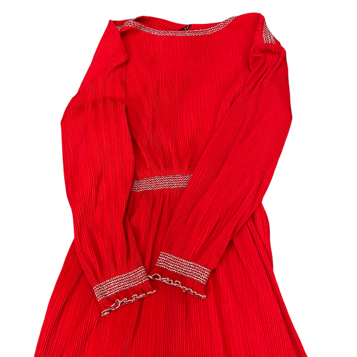 Womens Maxi Dress M Red Solid Ribbed Pleated Lace Trim Casual Boat Neck Pullover