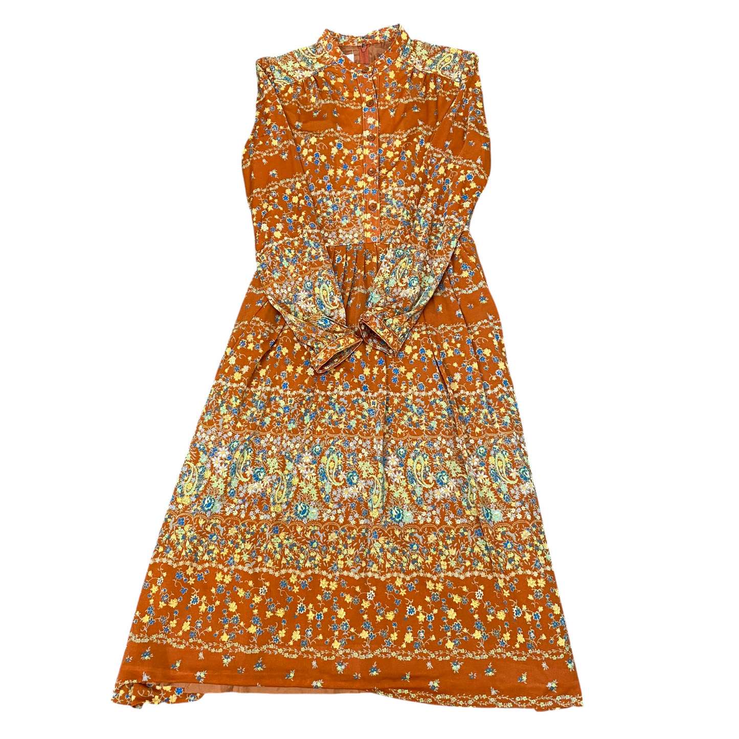 Pou Pee Maxi Dress Womens S Orange Floral Pleated Long Sleeve Button Front