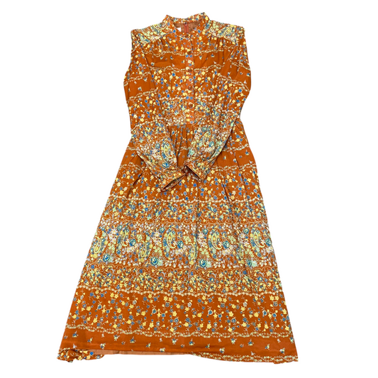 Pou Pee Maxi Dress Womens S Orange Floral Pleated Long Sleeve Button Front