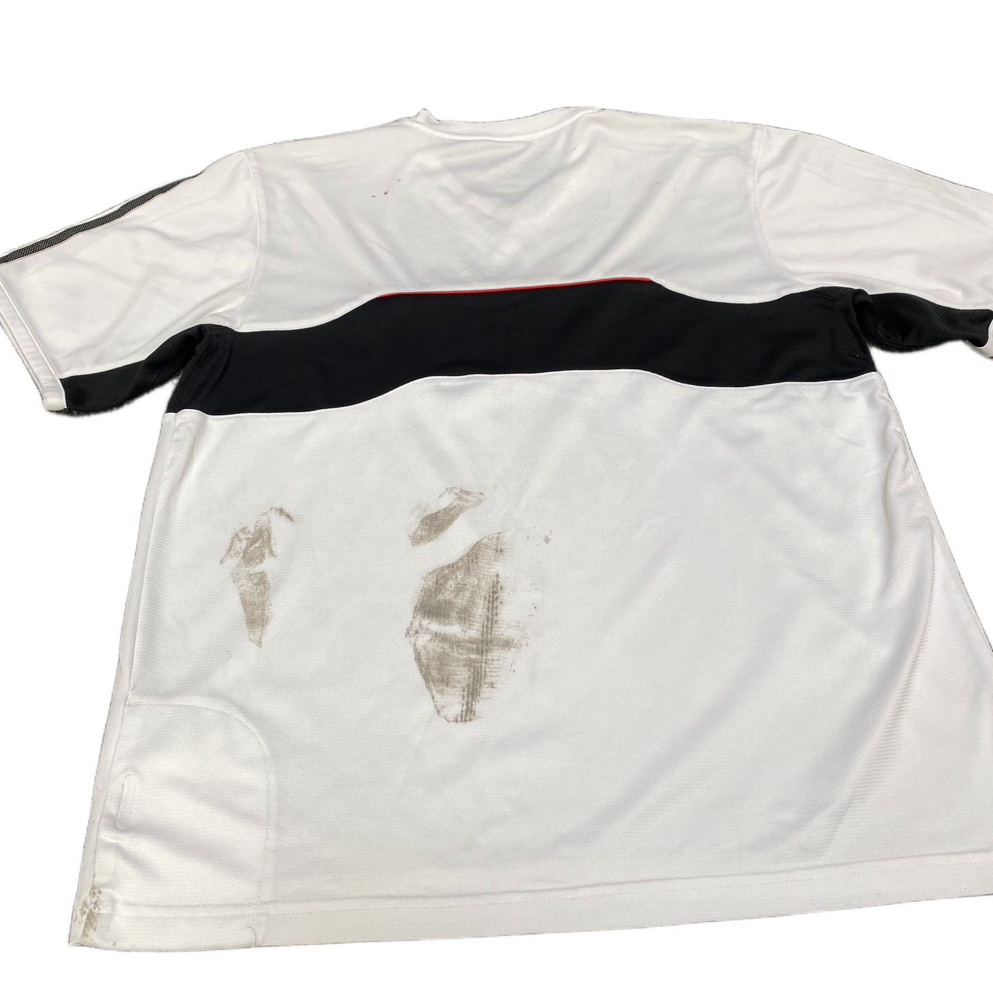Vtg Adidas T-Shirt Womens L White Black Striped Stretch Short Sleeve V Neck Tee