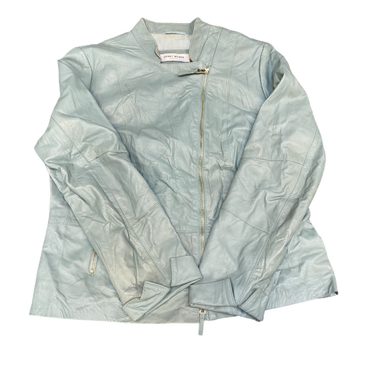 Gerry Weber Genuine Leather Biker Jacket Womens M Blue Lined Asymmetrical Zip
