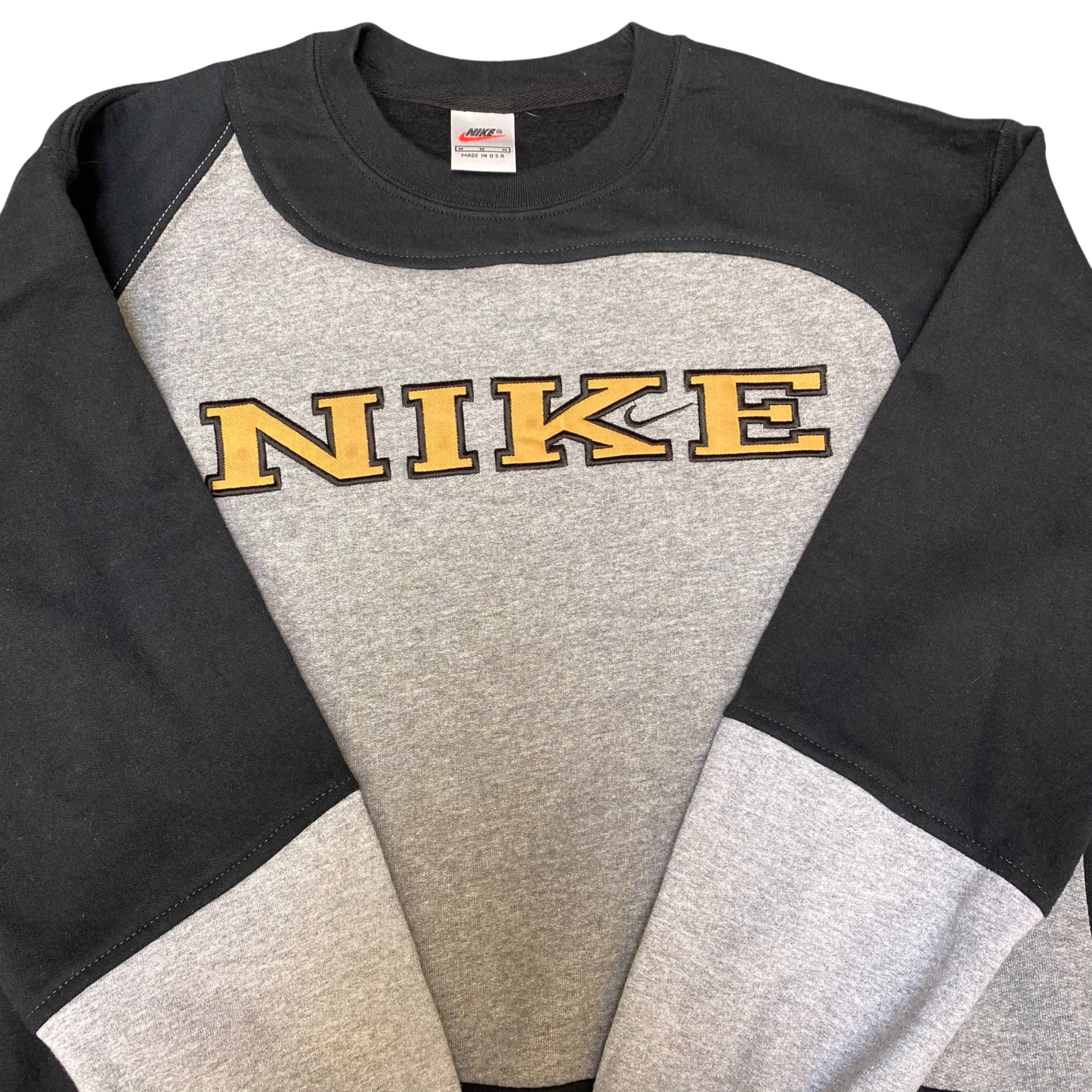 Nike Reworked Sweatshirt Mens Medium Black Grey Embroidered Spell Out Logo Y2K