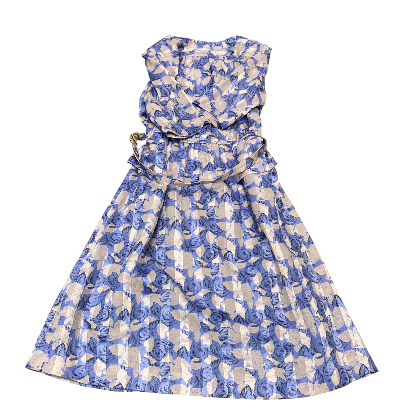 Womens Midi Dress S Cream Blue Floral Short Sleeve V Neck Button Front Outdoor