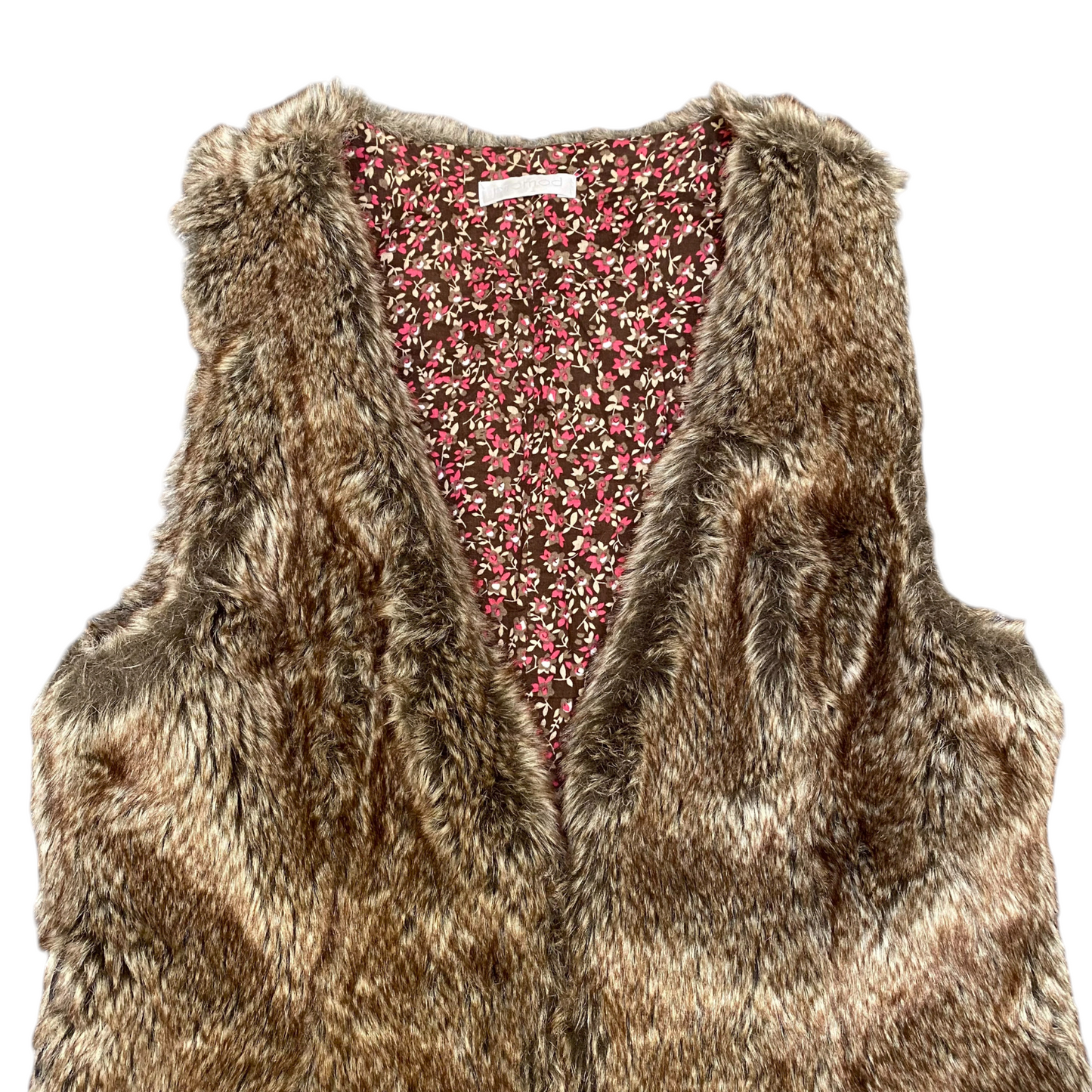 Promod Faux Fur Vest Womens Small Brown Floral Lined Boho Chic Sleeveless V Neck