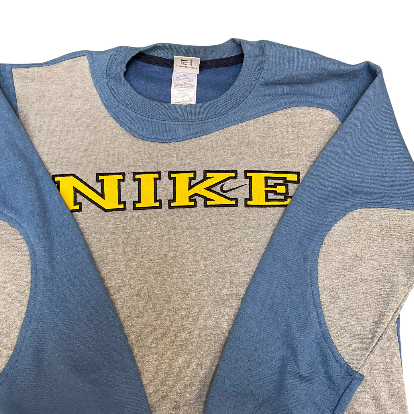 Nike Reworked Sweatshirt Mens Small Blue Grey Embroidered Spell Out Logo Y2K
