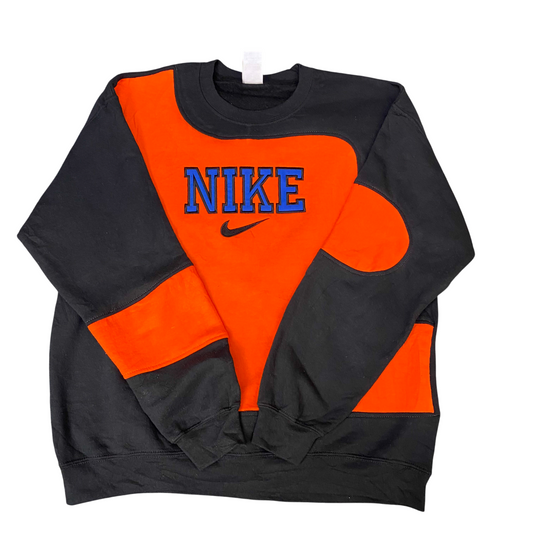 Nike Reworked Sweatshirt Mens Large Black Orange Embroidered Spell Out Logo Y2K
