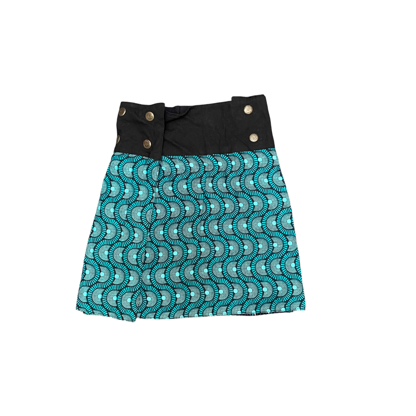 Mini Skirt Womens S Blue Black Geometric Reversible High Waisted Button Detail