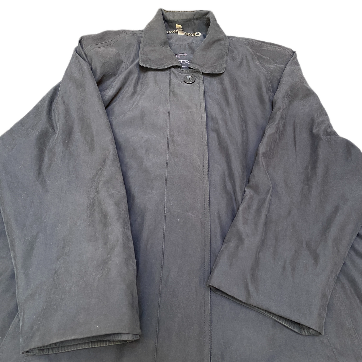 Vintage Jörg Peterson Trench Coat Womens XL Black Micro Velours Buttoned Slit