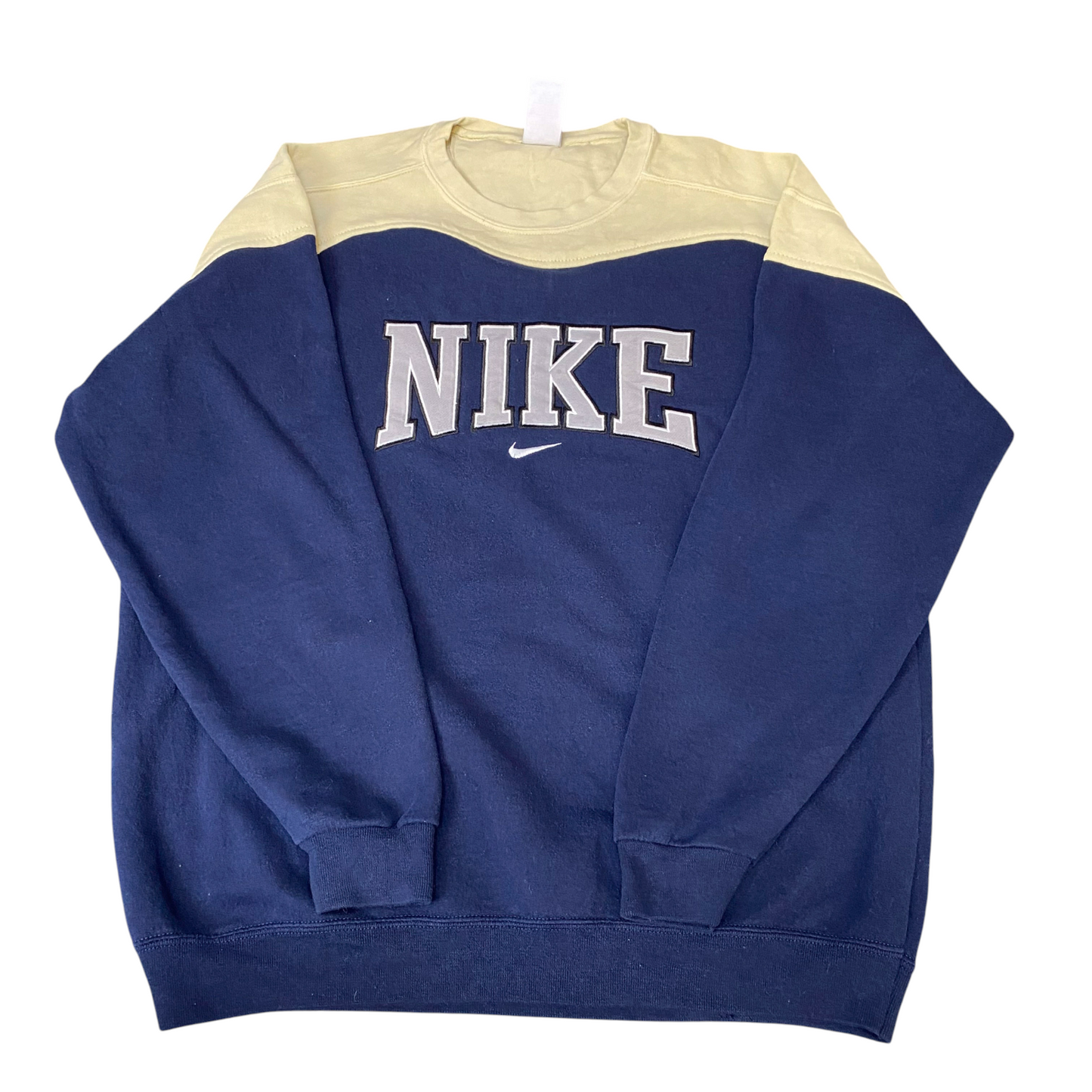 Nike Reworked Sweatshirt Men L Navy Yellow Embroidered Spellout Logo Vintage Y2K