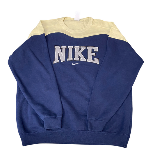 Nike Reworked Sweatshirt Men L Navy Yellow Embroidered Spellout Logo Vintage Y2K