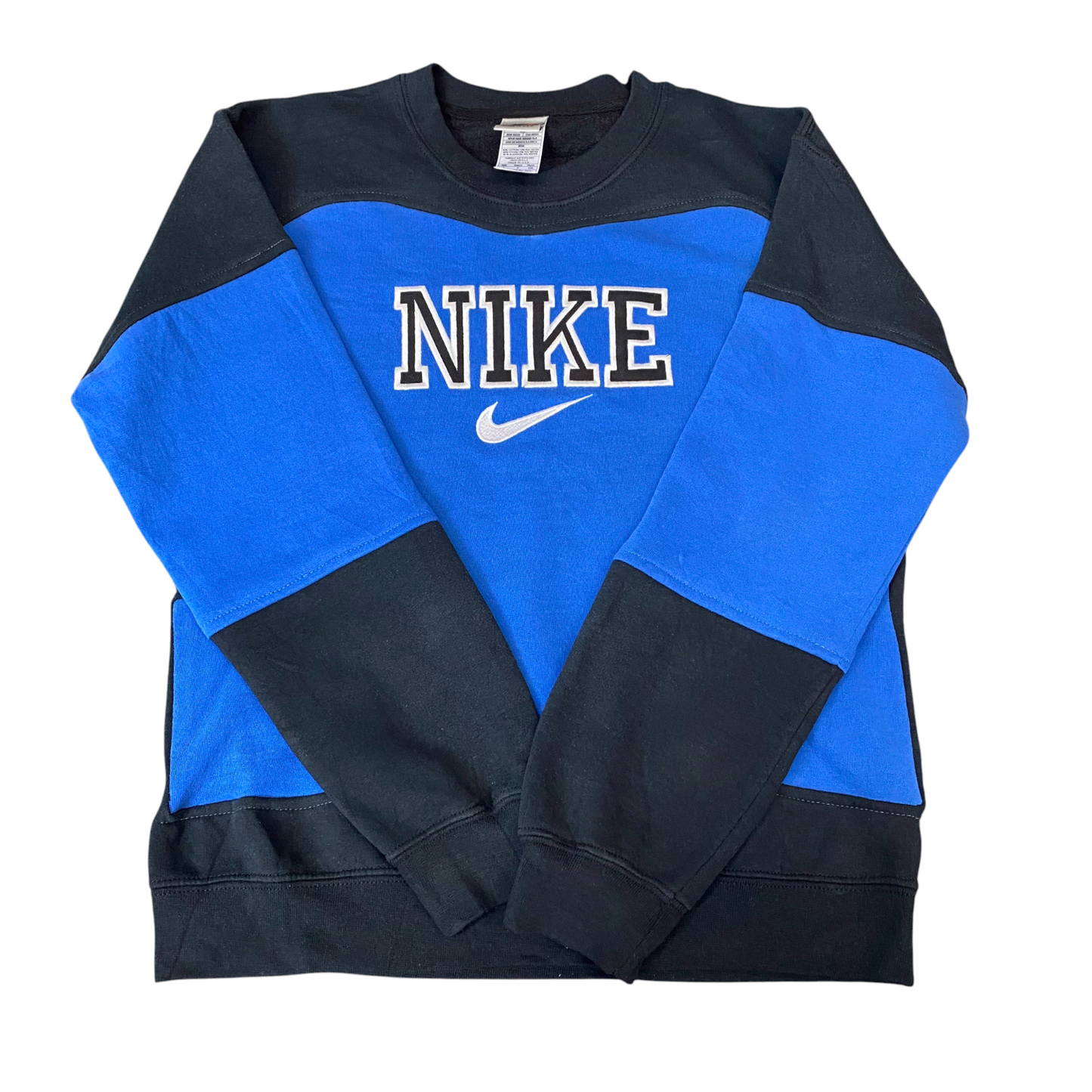 Nike Reworked Sweatshirt Mens S Blue Black Embroidered Spellout Logo Vintage Y2K