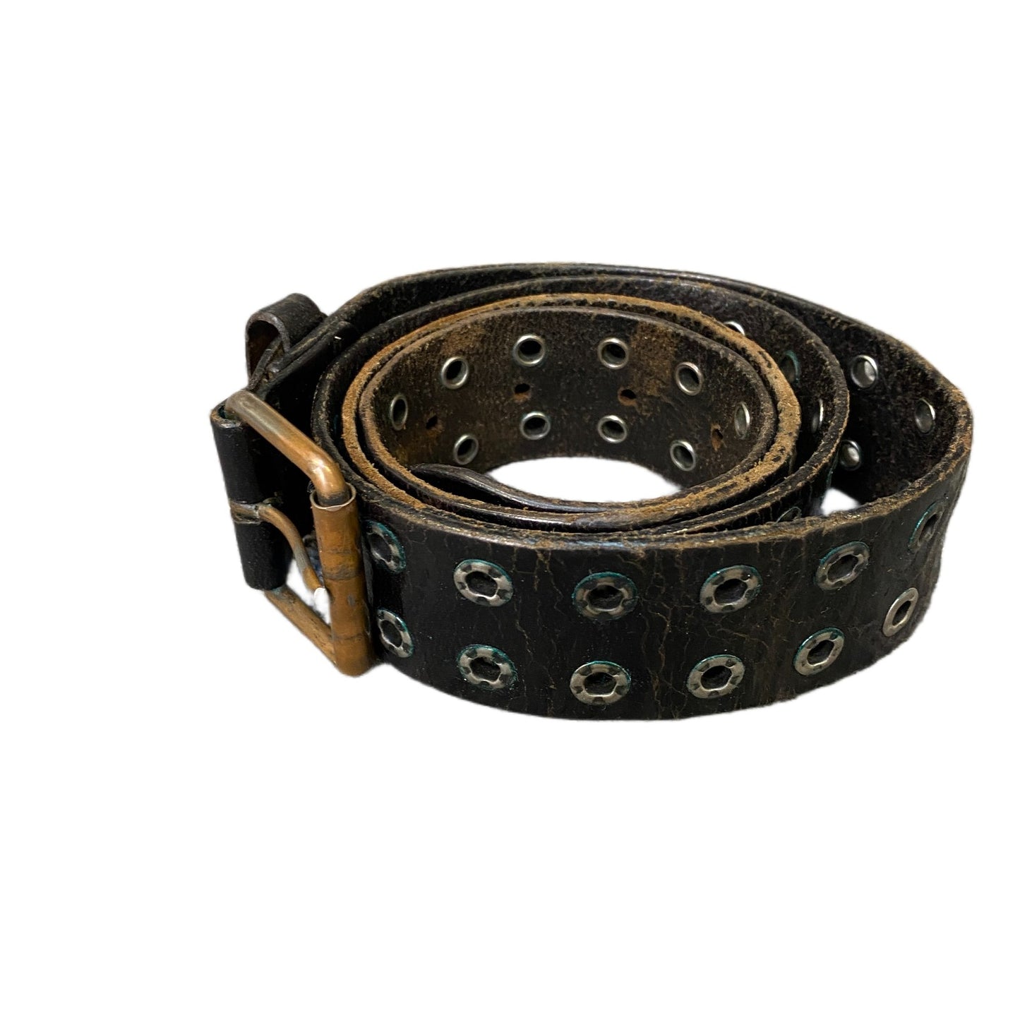 Waist Belt Men Black Leather Double Rows Eyelets Brass Buckle 42 Inches