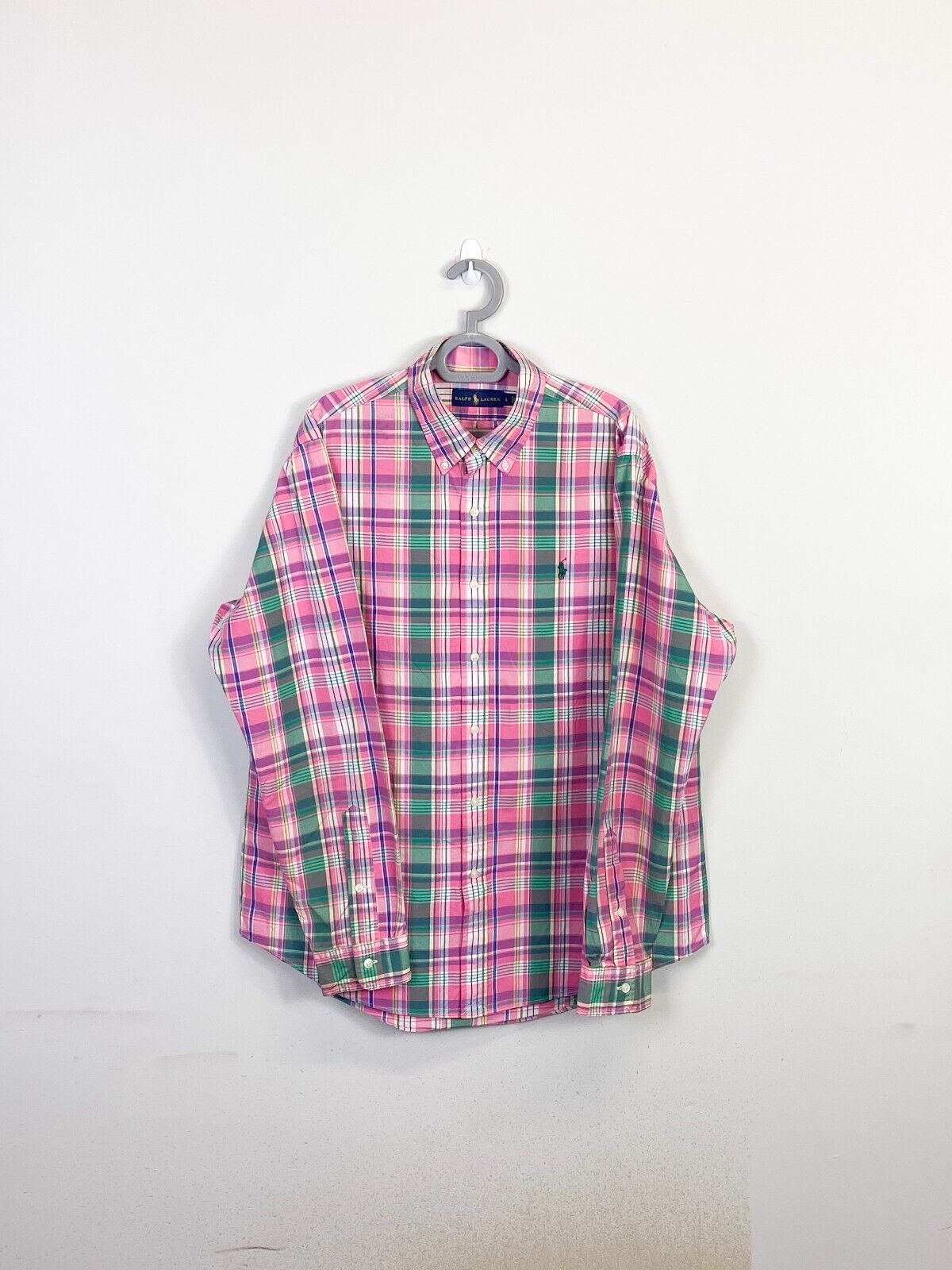 Ralph Lauren Shirt Mens Large Pink Plaid Long Sleeve Small Green Polo Pony Logo