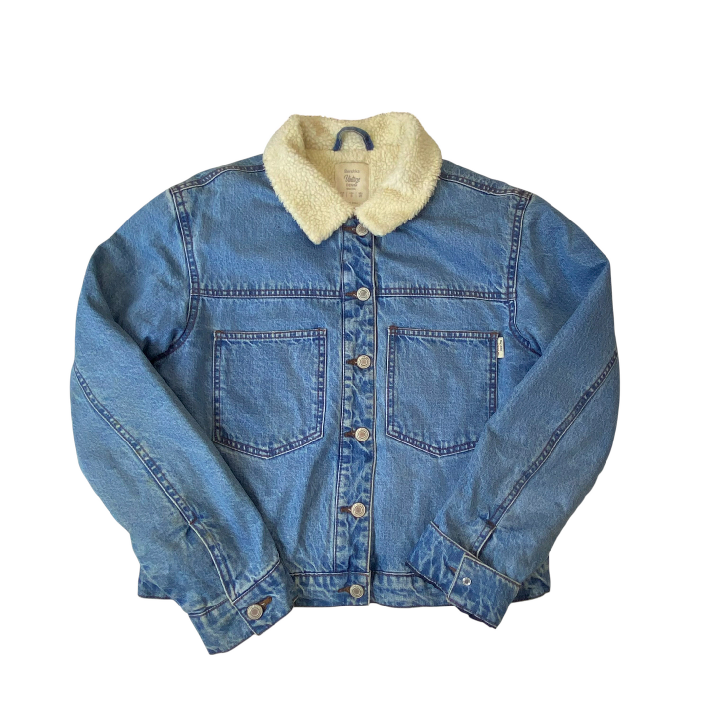 Bershka Vintage Denim Bskgirl Jacket Womens S Blue Sherpa Lined Collar Button Up