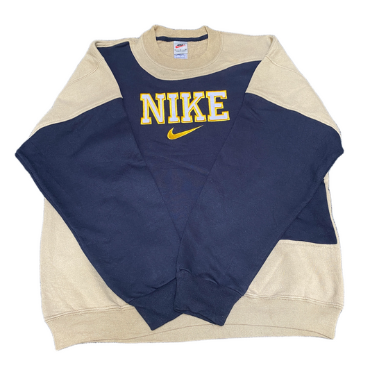 Nike Reworked Sweatshirt Mens Large Navy Beige Embroidered Spellout Logo Vtg Y2K