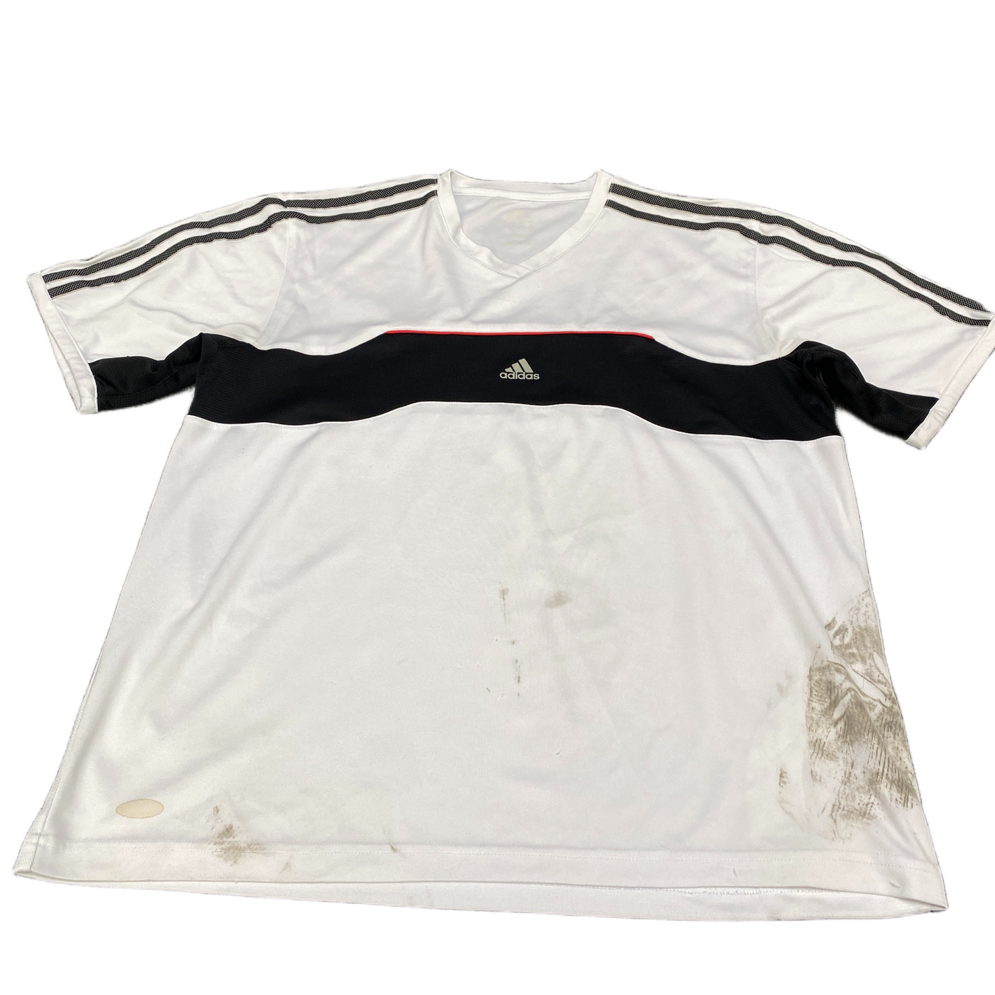 Vtg Adidas T-Shirt Womens L White Black Striped Stretch Short Sleeve V Neck Tee