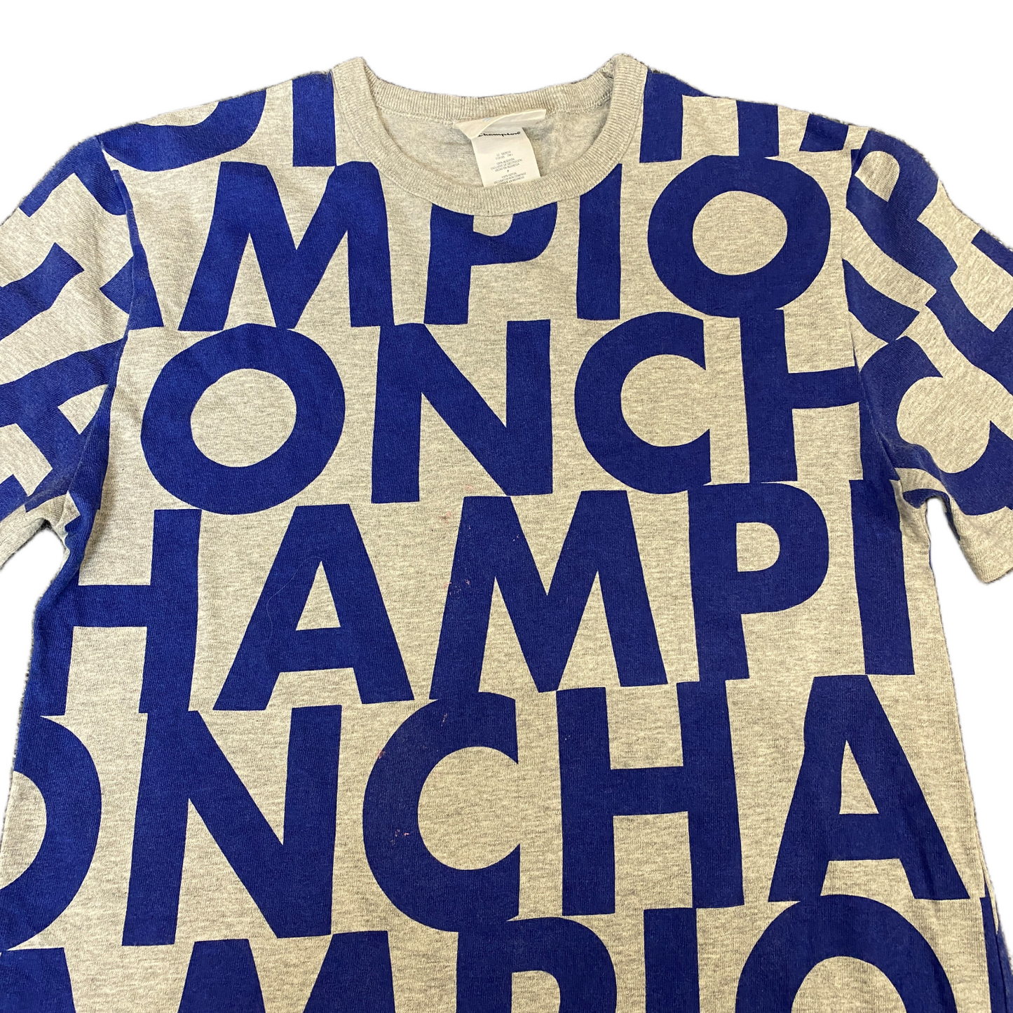 Champion T-Shirt Mens Small Grey Blue All-Over Logo Print Crew Neck Pullover Tee
