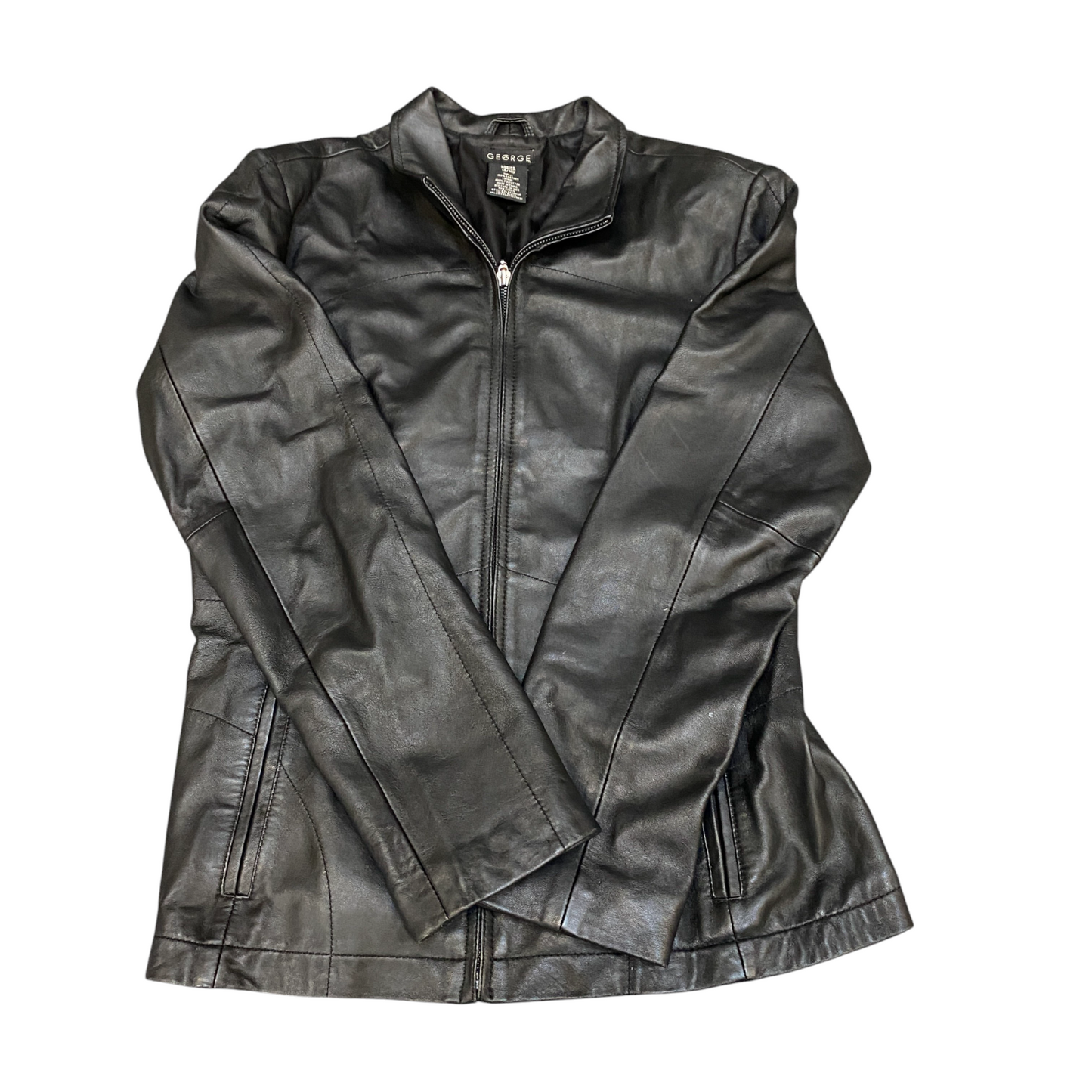 George Genuine Leather Biker Jacket Womens Medium Black Lined Collared Full Zip