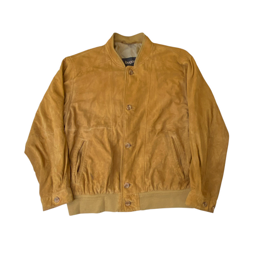 Bugatti Bomber Jacket Mens Large Brown Suede Leather Long Sleeve Button Front