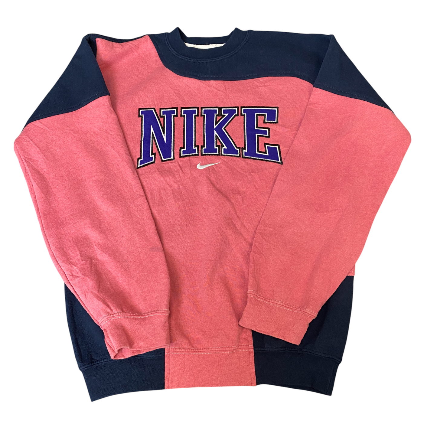 Nike Reworked Sweatshirt Mens Small Navy Pink Embroidered Spellout Logo Vtg Y2K
