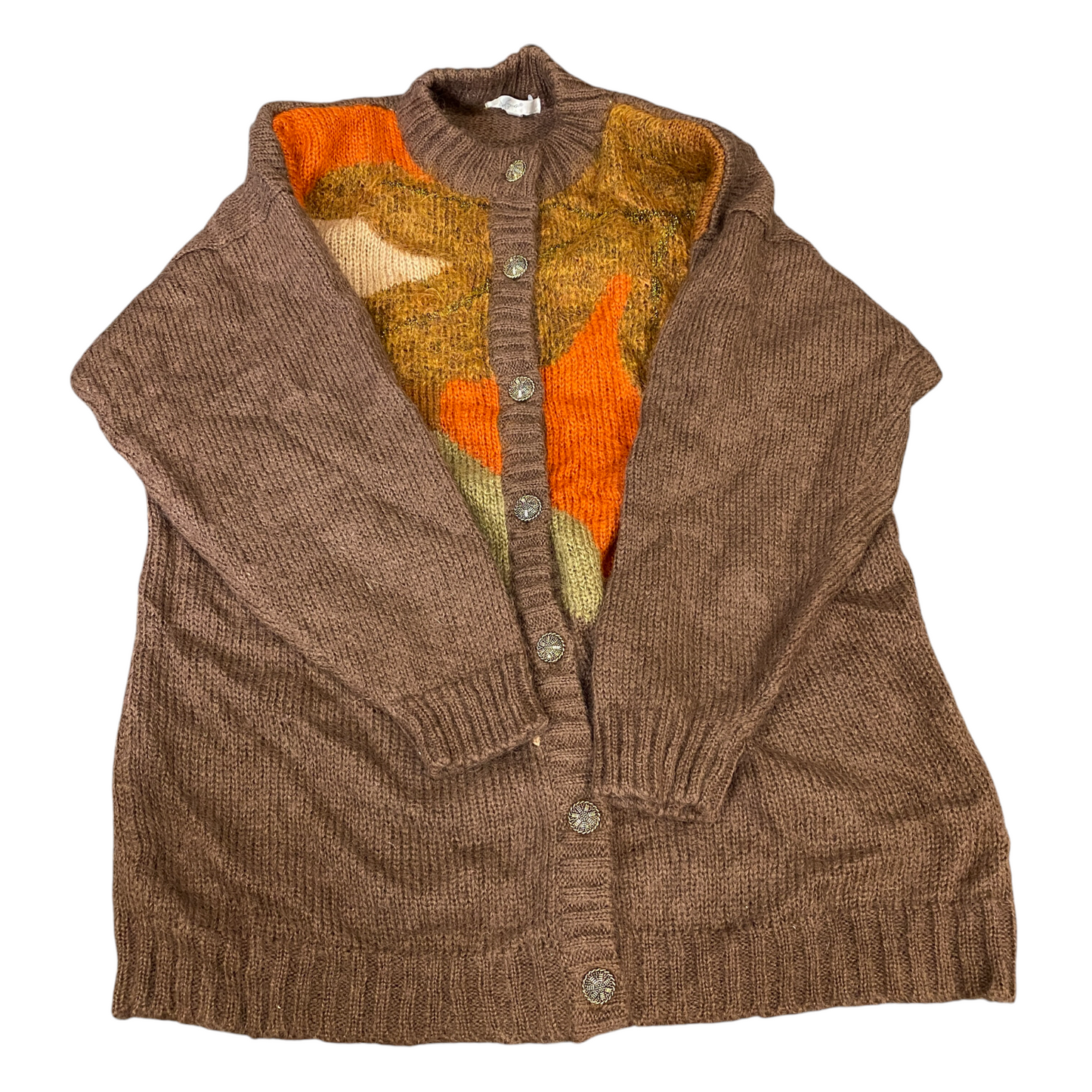 Womens Cardigan Jumper Large Brown Abstract Print Studio Borgelt Button Front