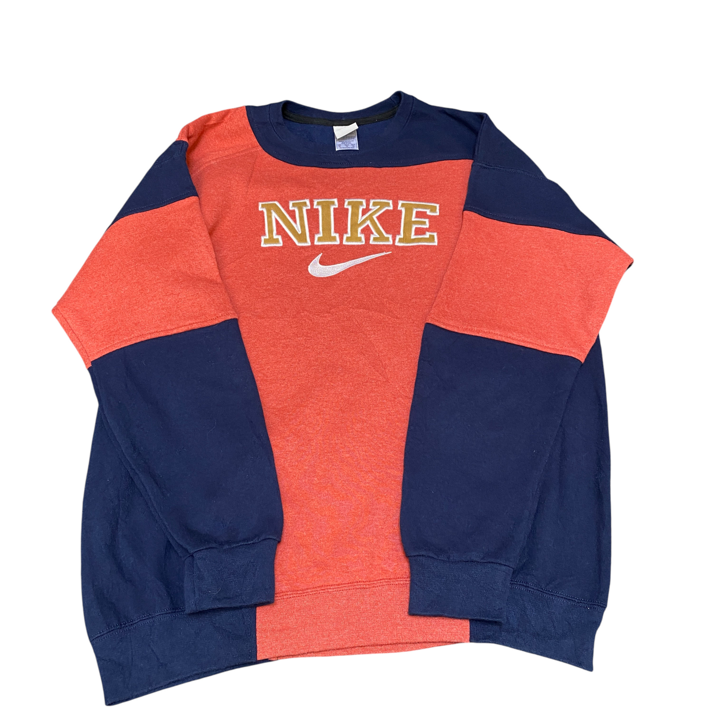 Nike Reworked Sweatshirt Mens XL Navy Orange Embroidered Spellout Logo Vtg Y2K