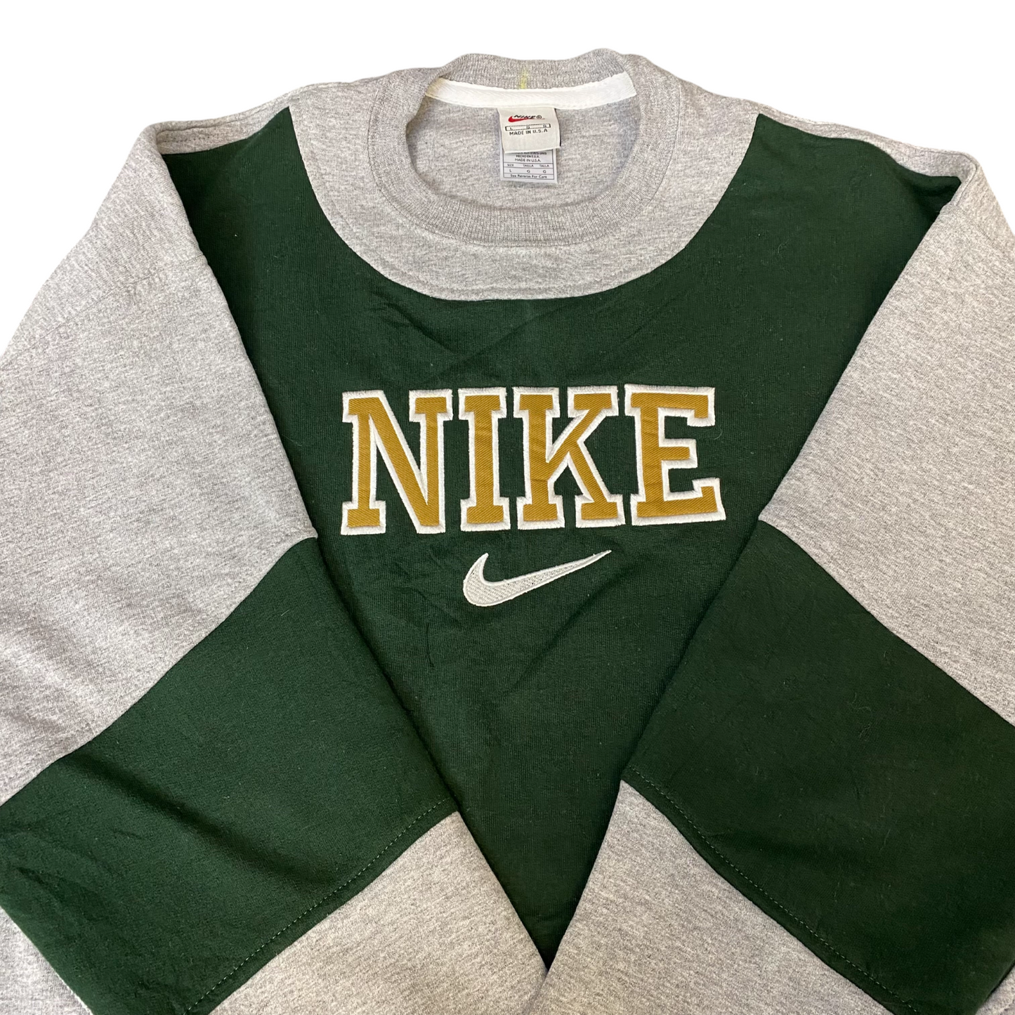 Nike Reworked Sweatshirt Mens Large Grey Green Embroidered Spellout Logo Vtg Y2K