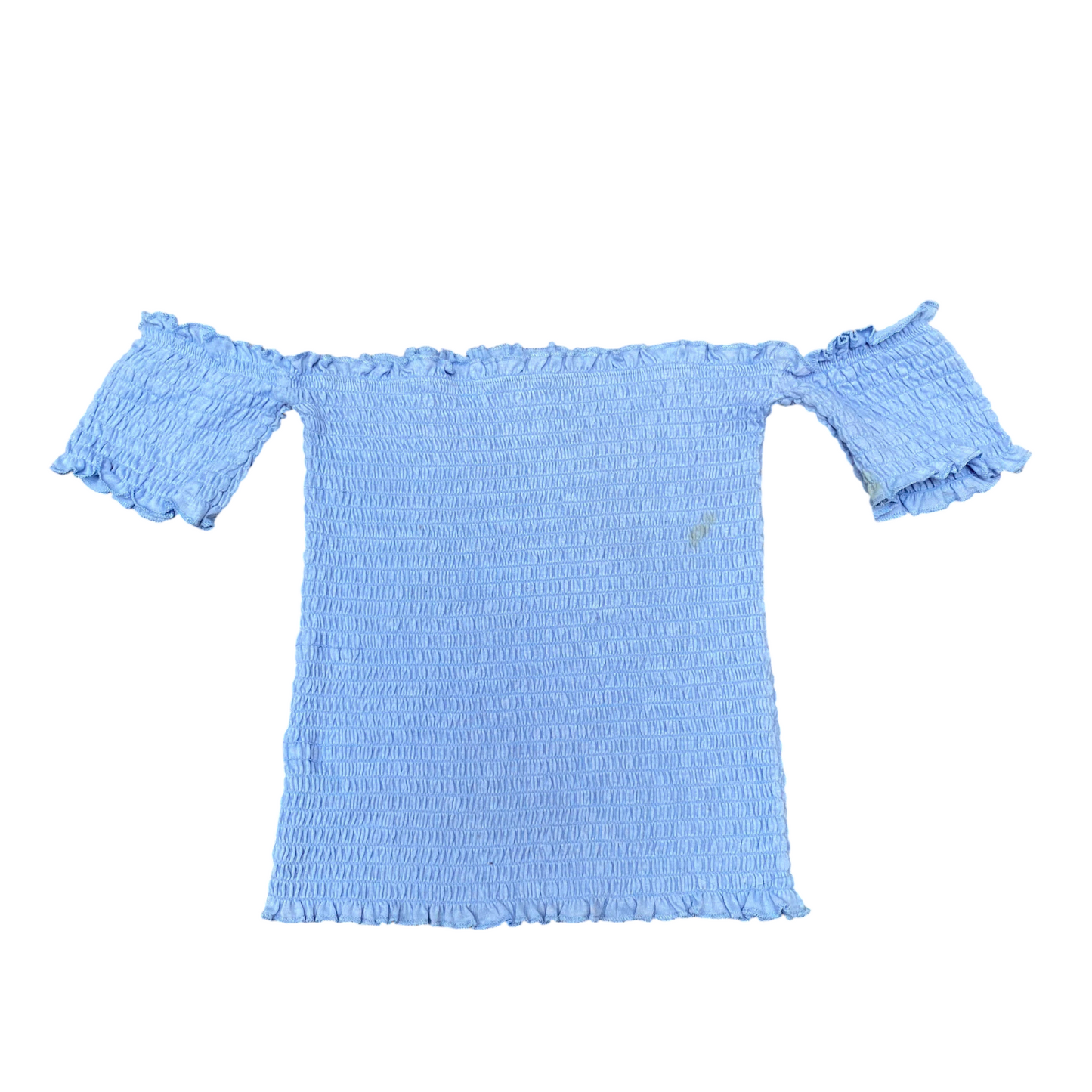 Blouse Top Womens XS Blue Overall Smocked Off Shoulder Short Sleeve Pullover