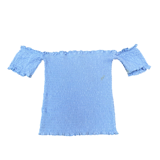 Blouse Top Womens XS Blue Overall Smocked Off Shoulder Short Sleeve Pullover