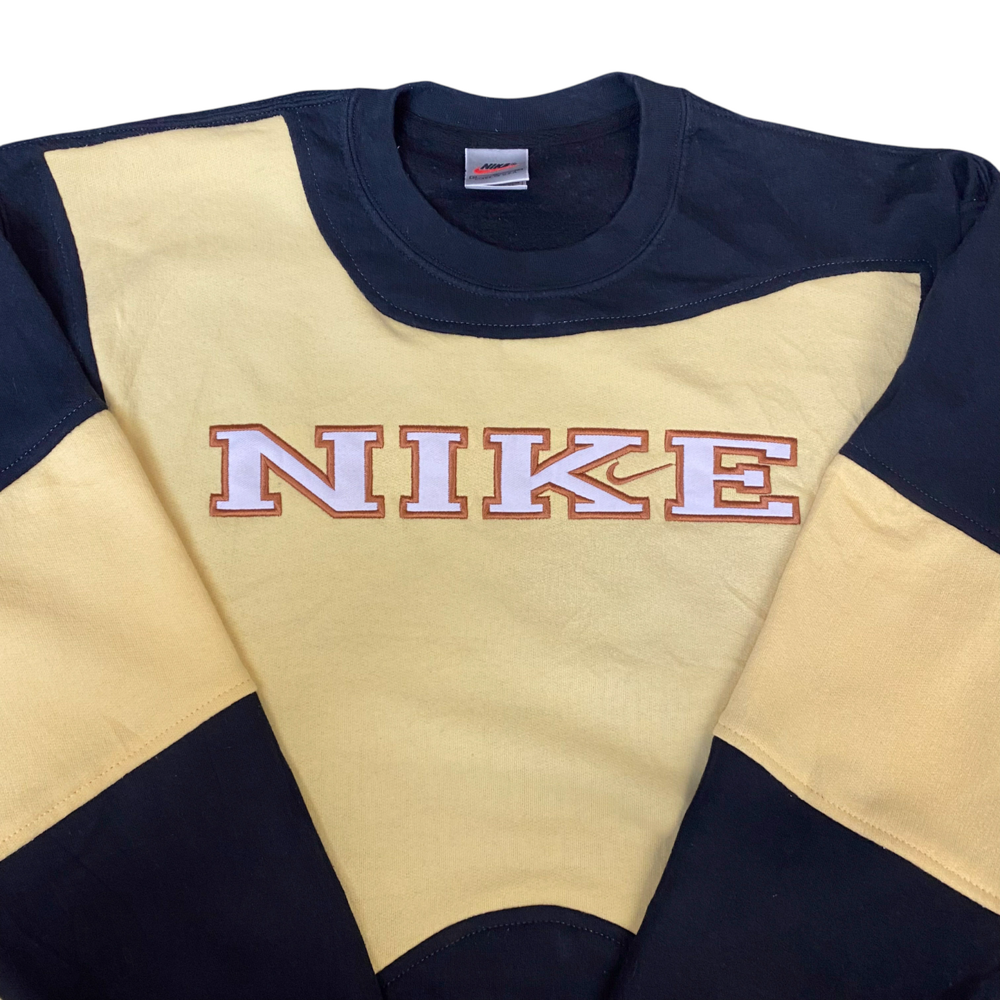 Nike Reworked Sweatshirt Mens M Yellow Black Embroidered Spellout Logo Vtg Y2K