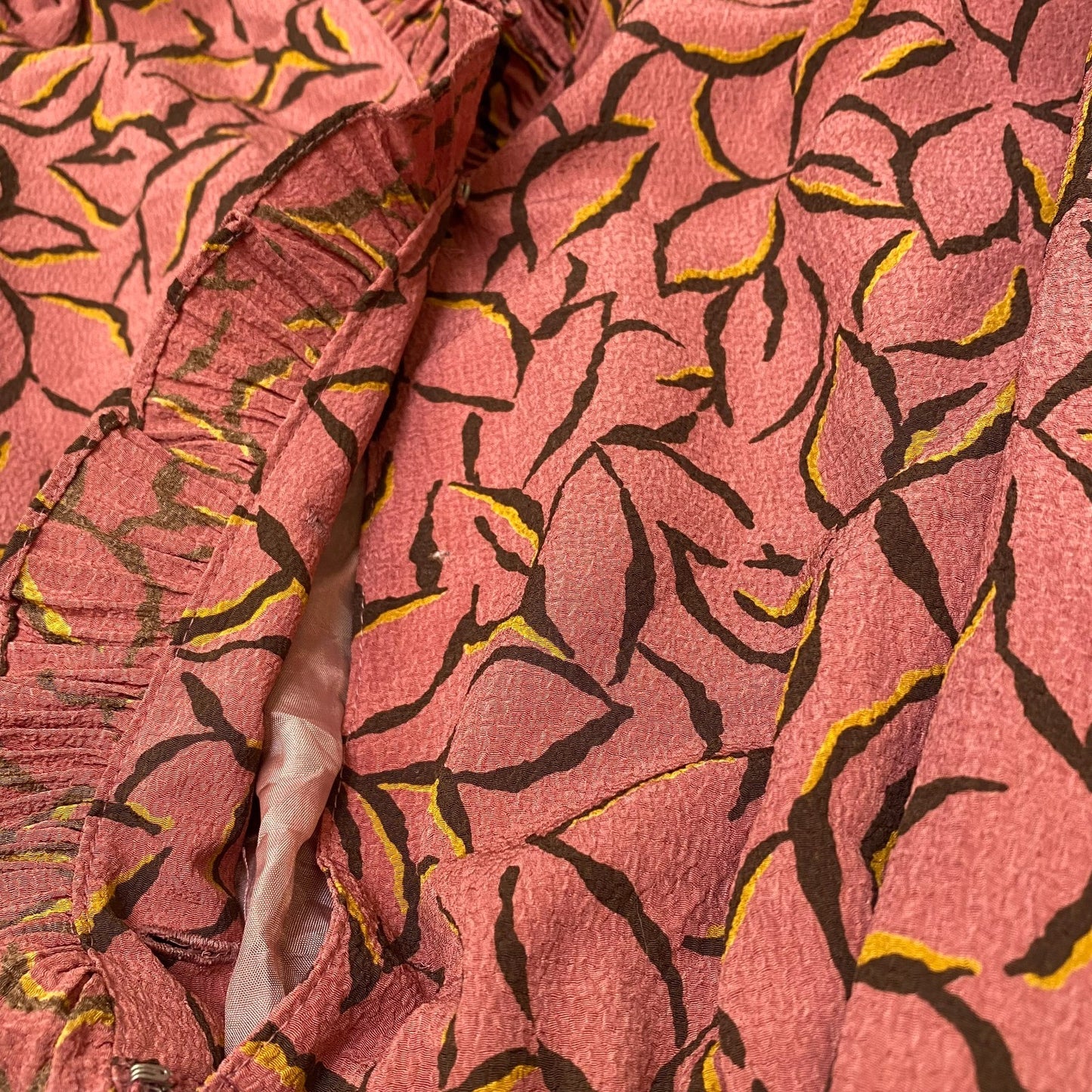 Womens Maxi Dress S Pink Geometric Pleated Ruffle Trim Long Sleeve Button Front