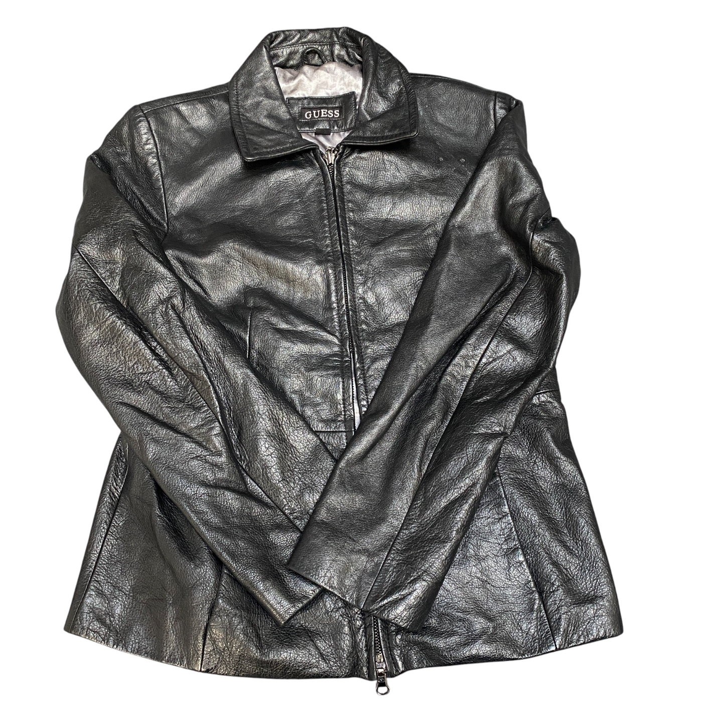 Guess Leather Biker Jacket Womens Medium Black Fully Lined Collared Full Zip