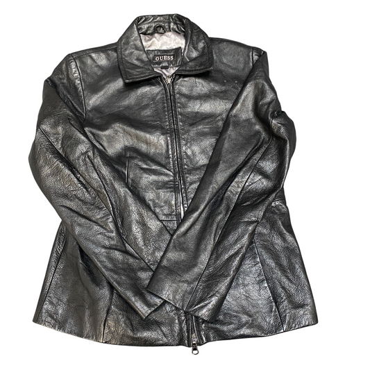 Guess Leather Biker Jacket Womens Medium Black Fully Lined Collared Full Zip