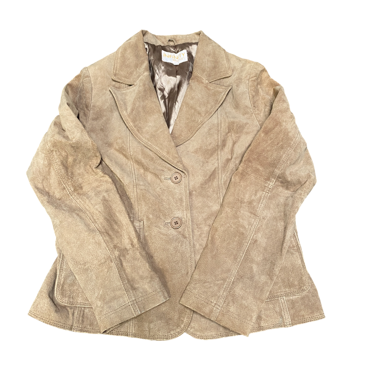 Infinity Suede Leather Blazer Jacket Womens L Beige Notch Lapel Single Breasted
