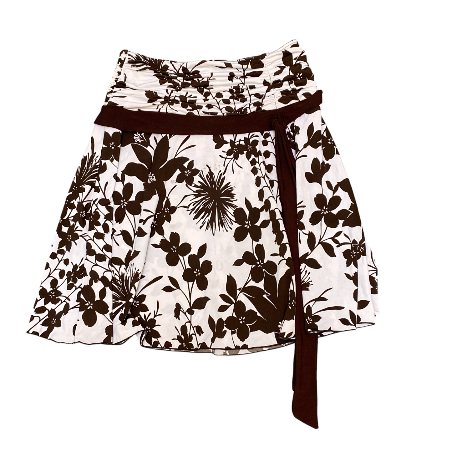 Xanaka Mini Skirt Womens L Cream Brown Floral Print Ruched Elastic Waist Pull On