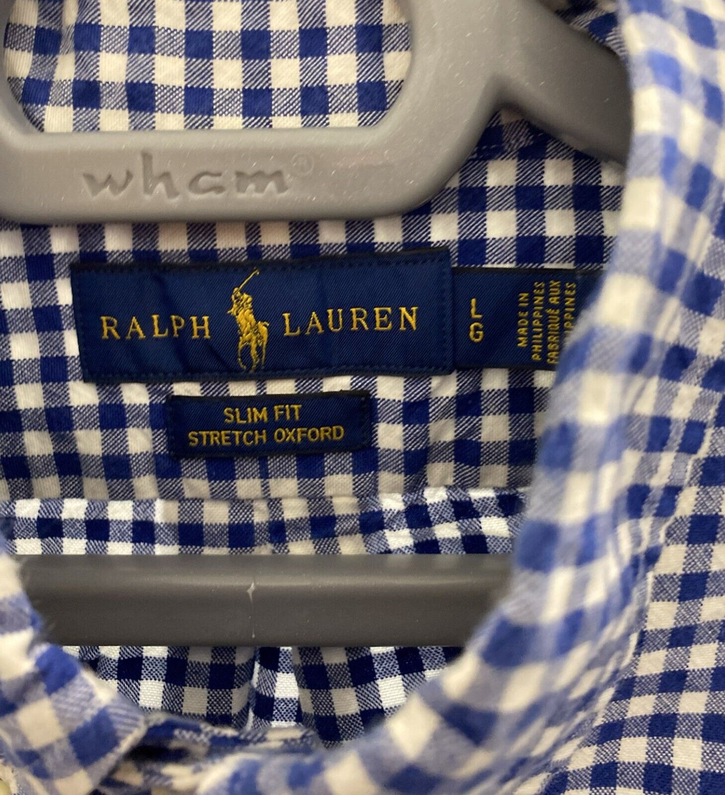 Ralph Lauren Shirt Men Large Blue Checkered Slim Fit Small Brown Polo Pony Logo