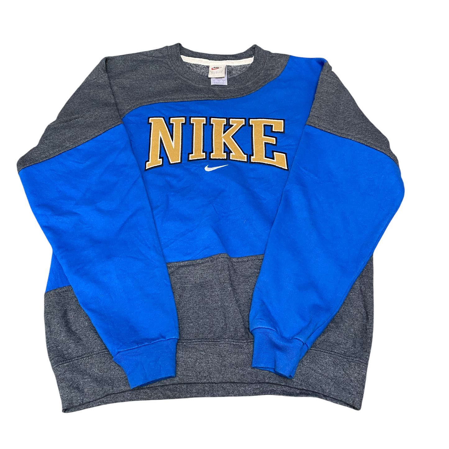 Nike Reworked Sweatshirt Mens Small Blue Grey Embroidered Spellout Logo Vtg Y2K