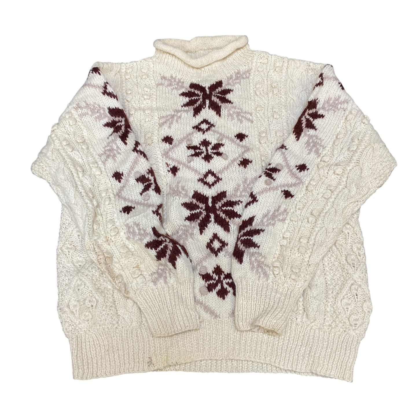 RUBY Jumper Womens Large Cream Cable Knit Nordic Snowflake Long Sleeve Mock Neck
