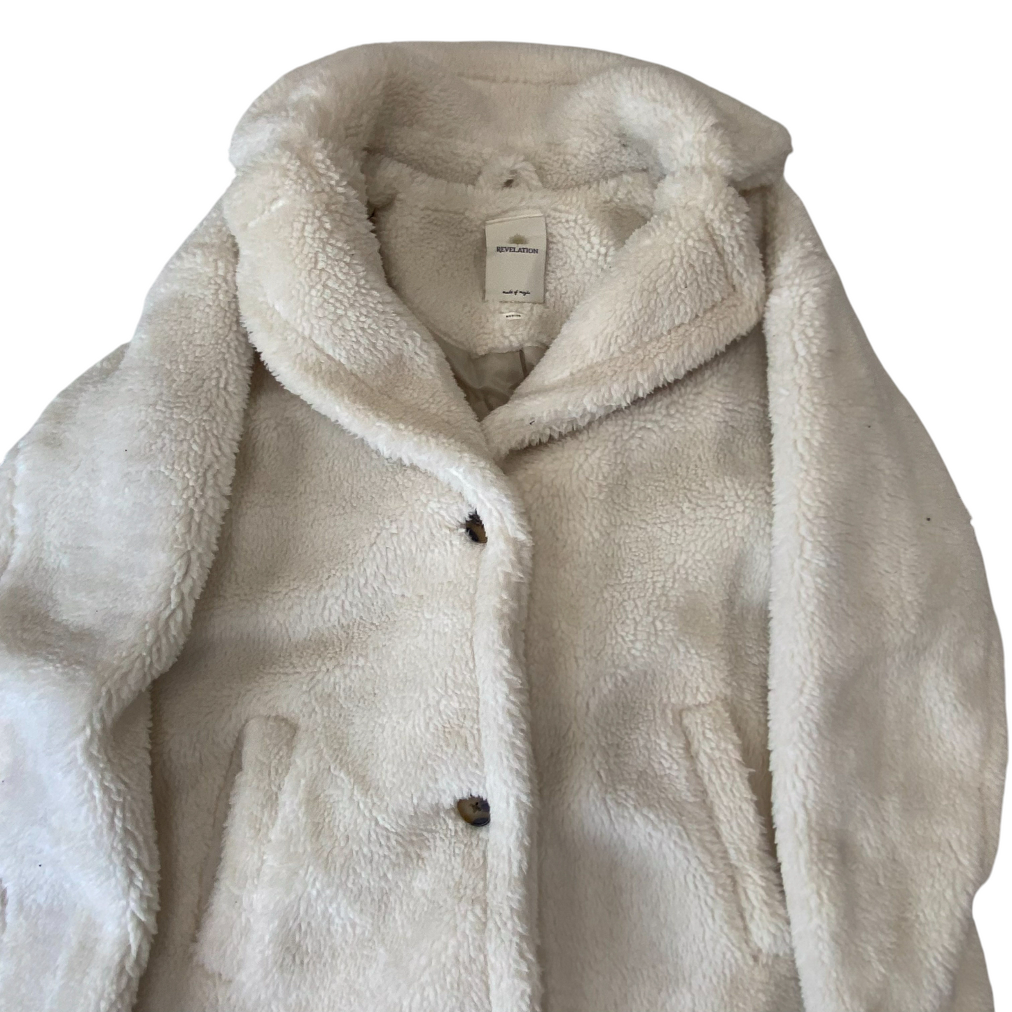 Revelation Faux Fur Teddy Coat Womens Medium White Notch Lapel Button Front