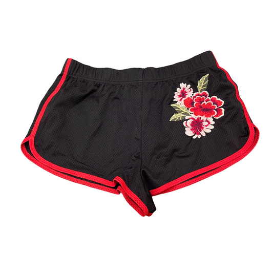 Running Sprinter Shorts Women Medium Black Mesh Embroidered Floral Elastic Waist