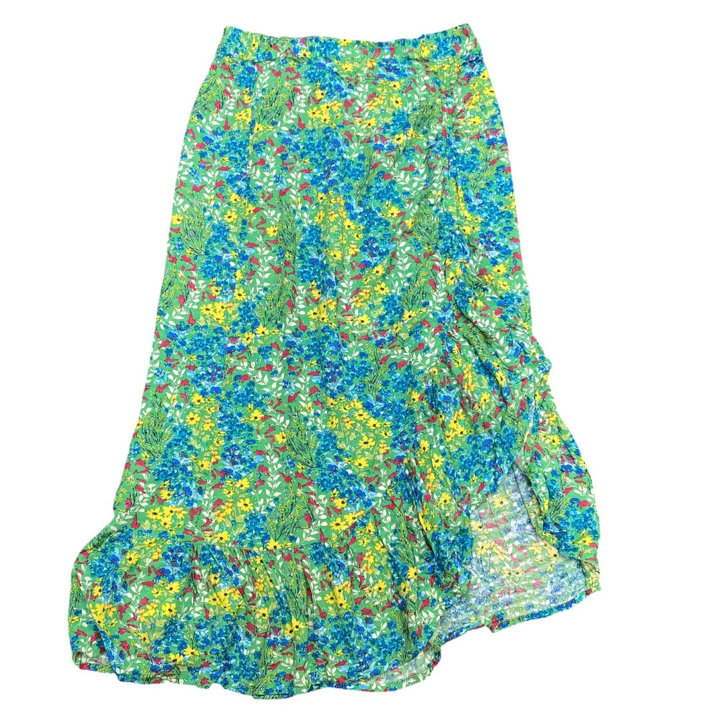 Promod Wrap Skirt Womens M Green Floral Ruffle Detail Elastic Waist Outdoor