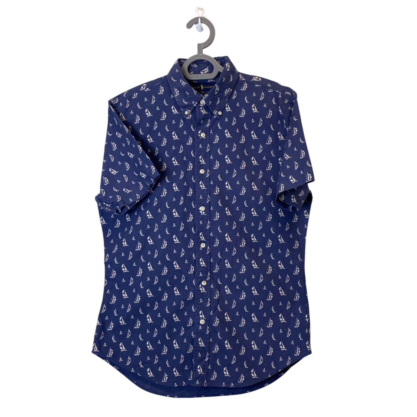 Ralph Lauren Shirt Mens Medium Blue Boat Print Short Sleeve Slim Fit Button Down