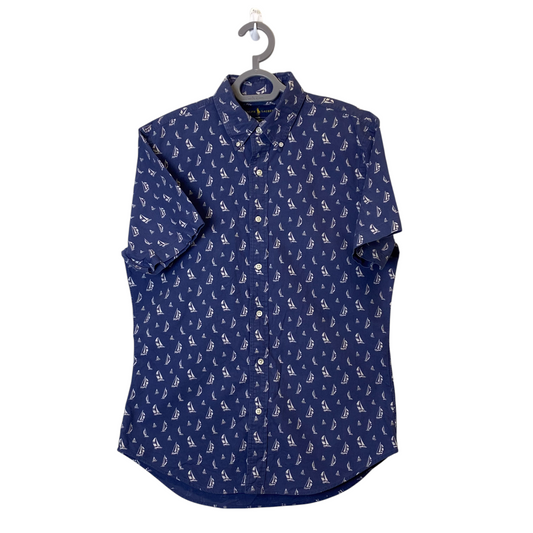 Ralph Lauren Shirt Mens Medium Blue Boat Print Short Sleeve Slim Fit Button Down