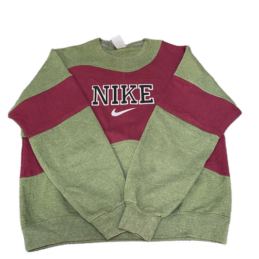 Nike Reworked Sweatshirt Mens L Green Burgundy Embroidered Spellout Logo Vtg Y2K