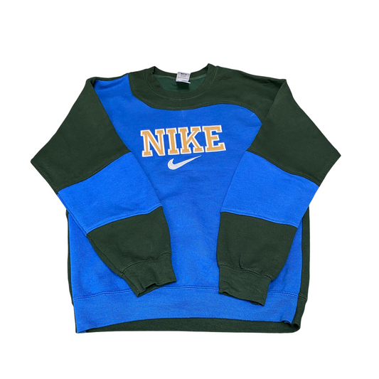 Nike Reworked Sweatshirt Mens M Green Blue Embroidered Spellout Logo Vintage Y2K