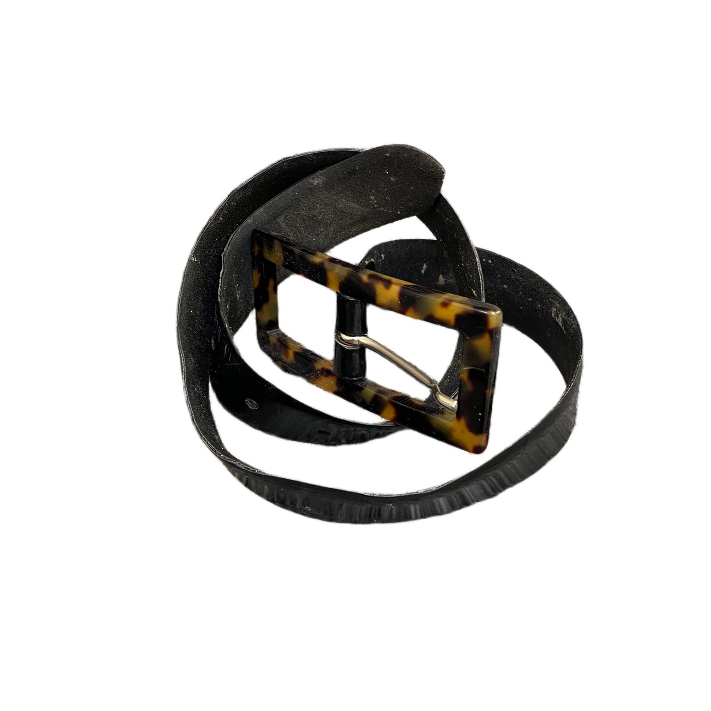 Rene Lezard Waist Belt Mens Black Leather Tortoise Shell Buckle 28.5 Inches