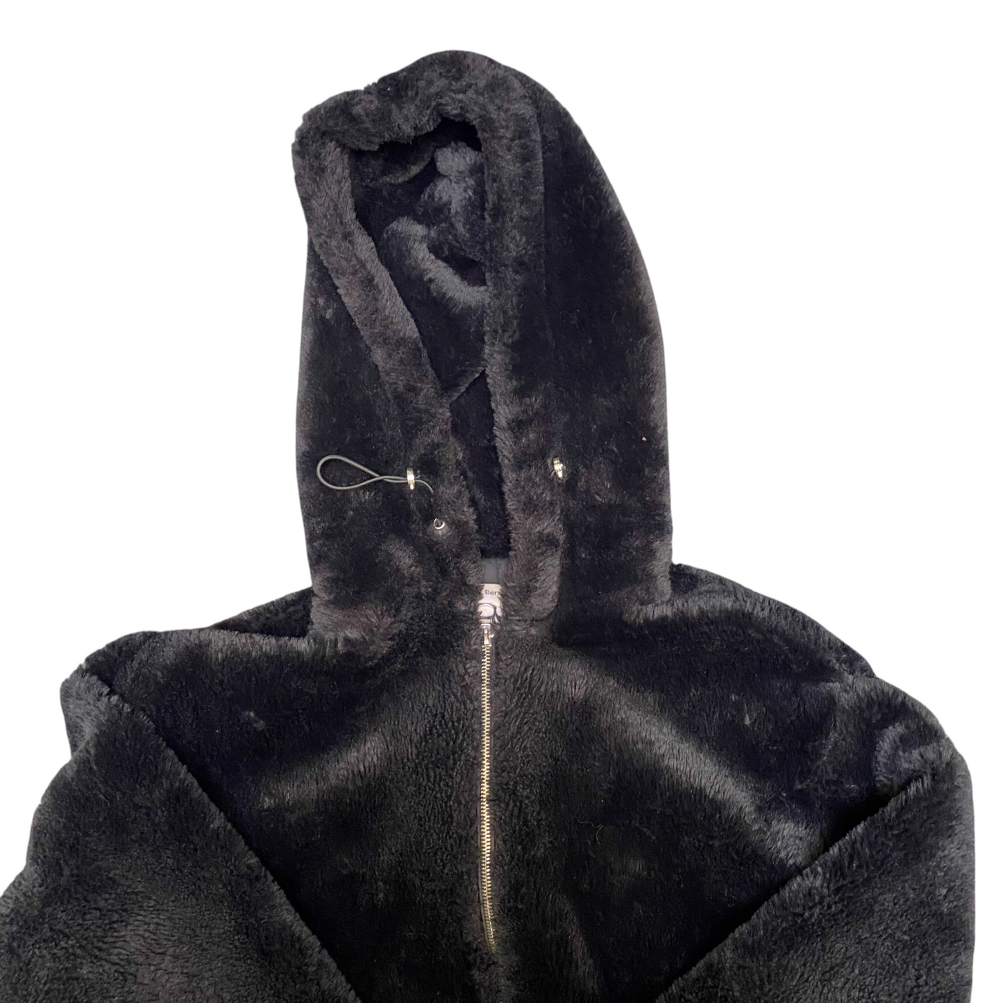 Bershka Faux Fur Hooded Jacket Womens Medium Black Cropped Long Sleeve Full Zip