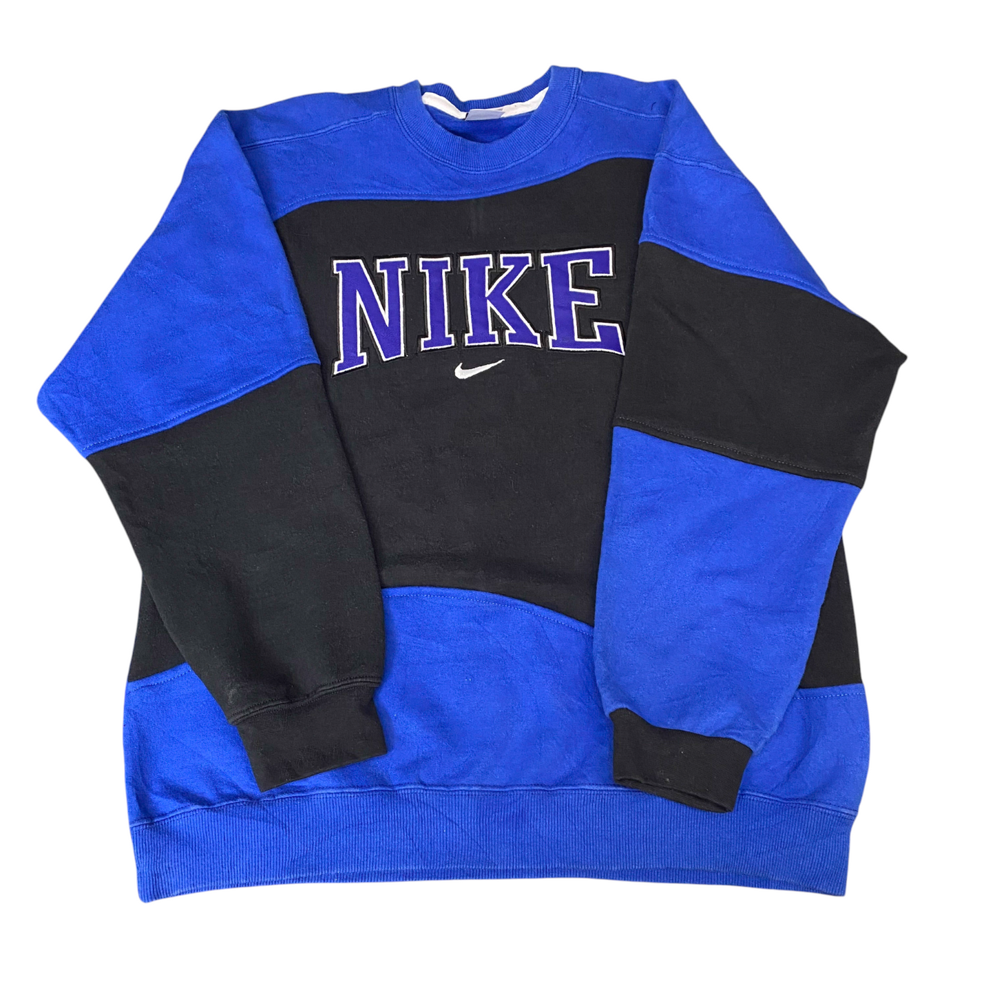 Nike Reworked Sweatshirt Mens L Blue Black Embroidered Spellout Logo Vintage Y2K