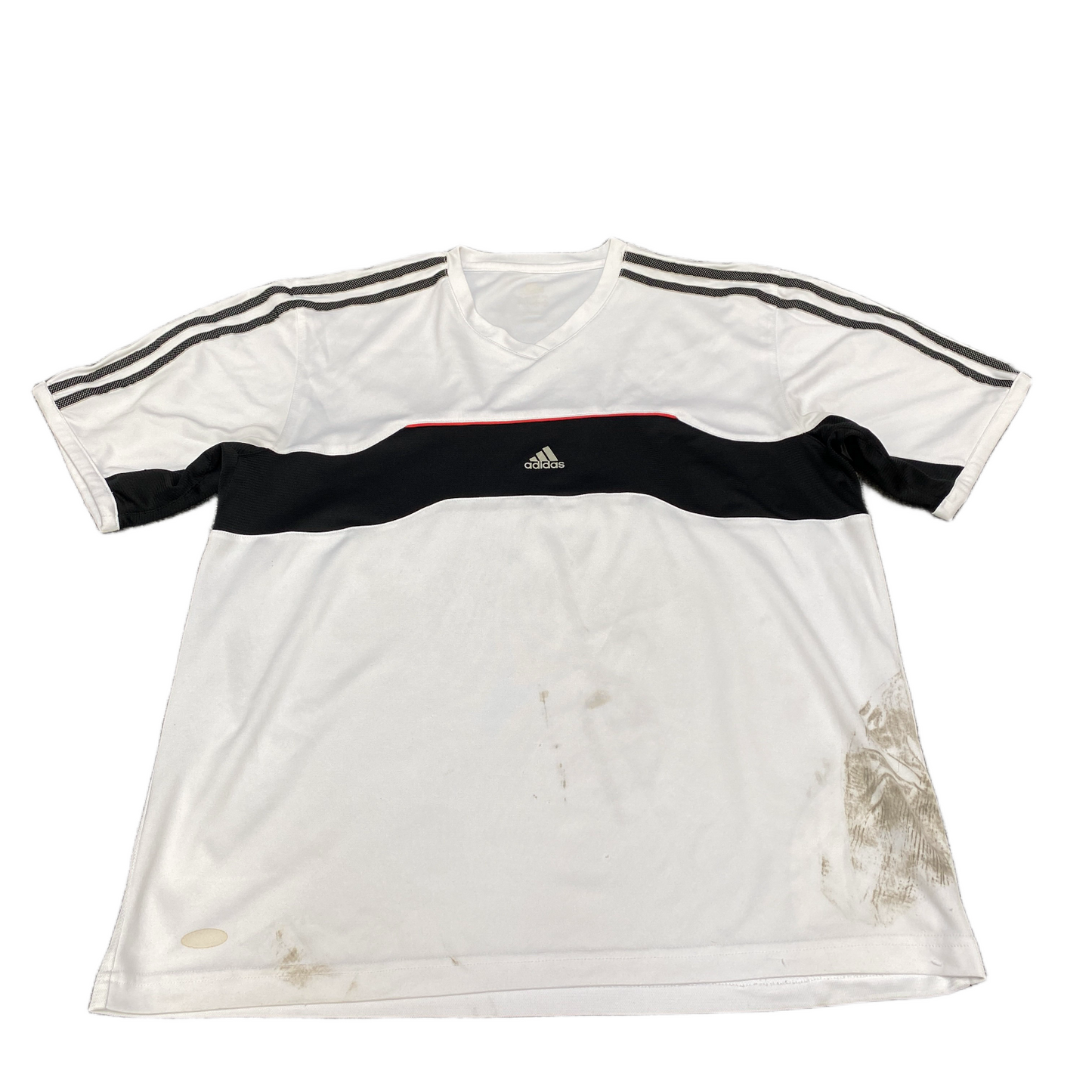 Vtg Adidas T-Shirt Womens L White Black Striped Stretch Short Sleeve V Neck Tee
